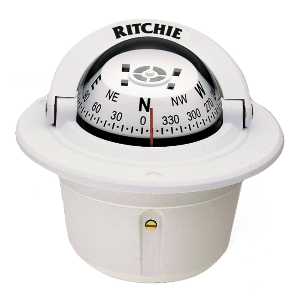 White Ritchie F-50W Explorer compass with flush mount design, featuring clear directional markings and durable construction.