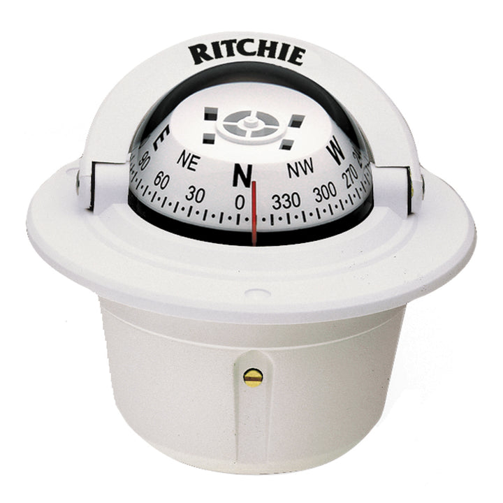 White Ritchie F-50W Explorer compass with flush mount design, featuring clear directional markings and durable construction.