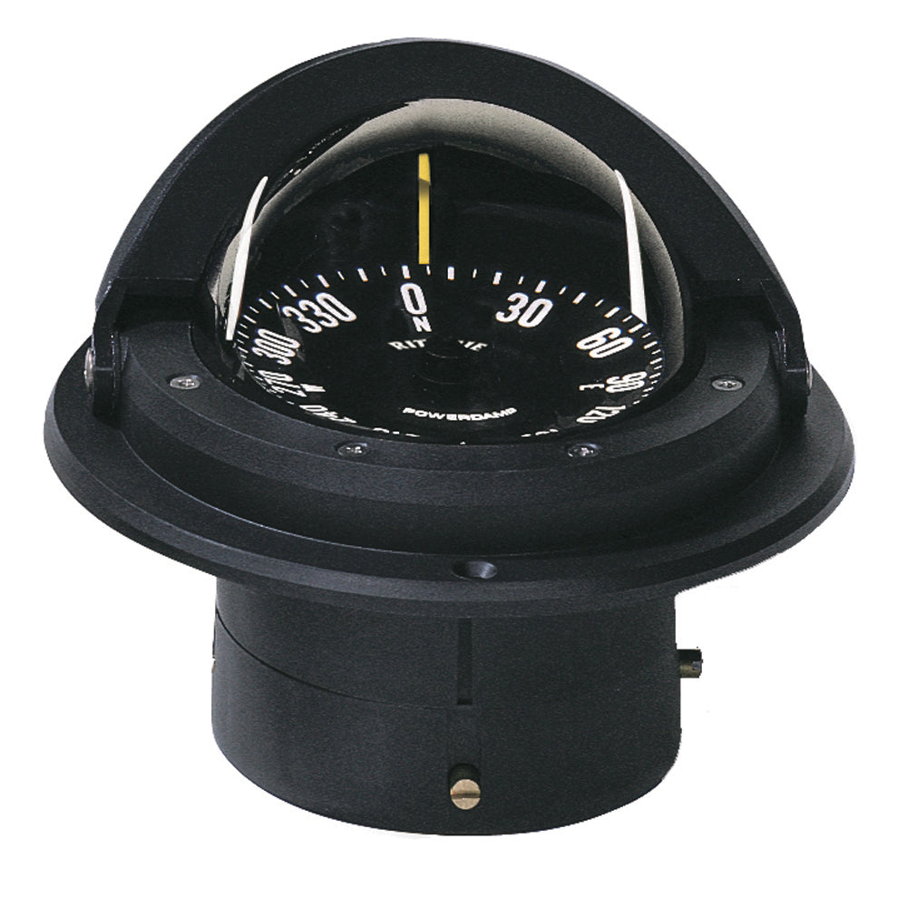 Black Ritchie F-82 Voyager flush mount compass showing detailed dial and mounting hardware for marine navigation.