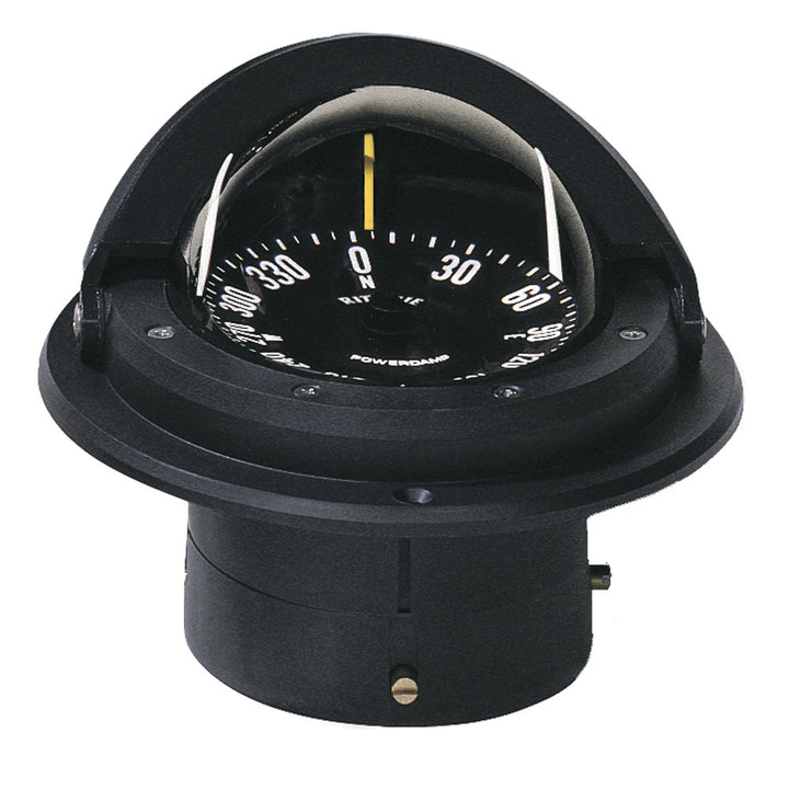 Black Ritchie F-82 Voyager flush mount compass showing detailed dial and mounting hardware for marine navigation.