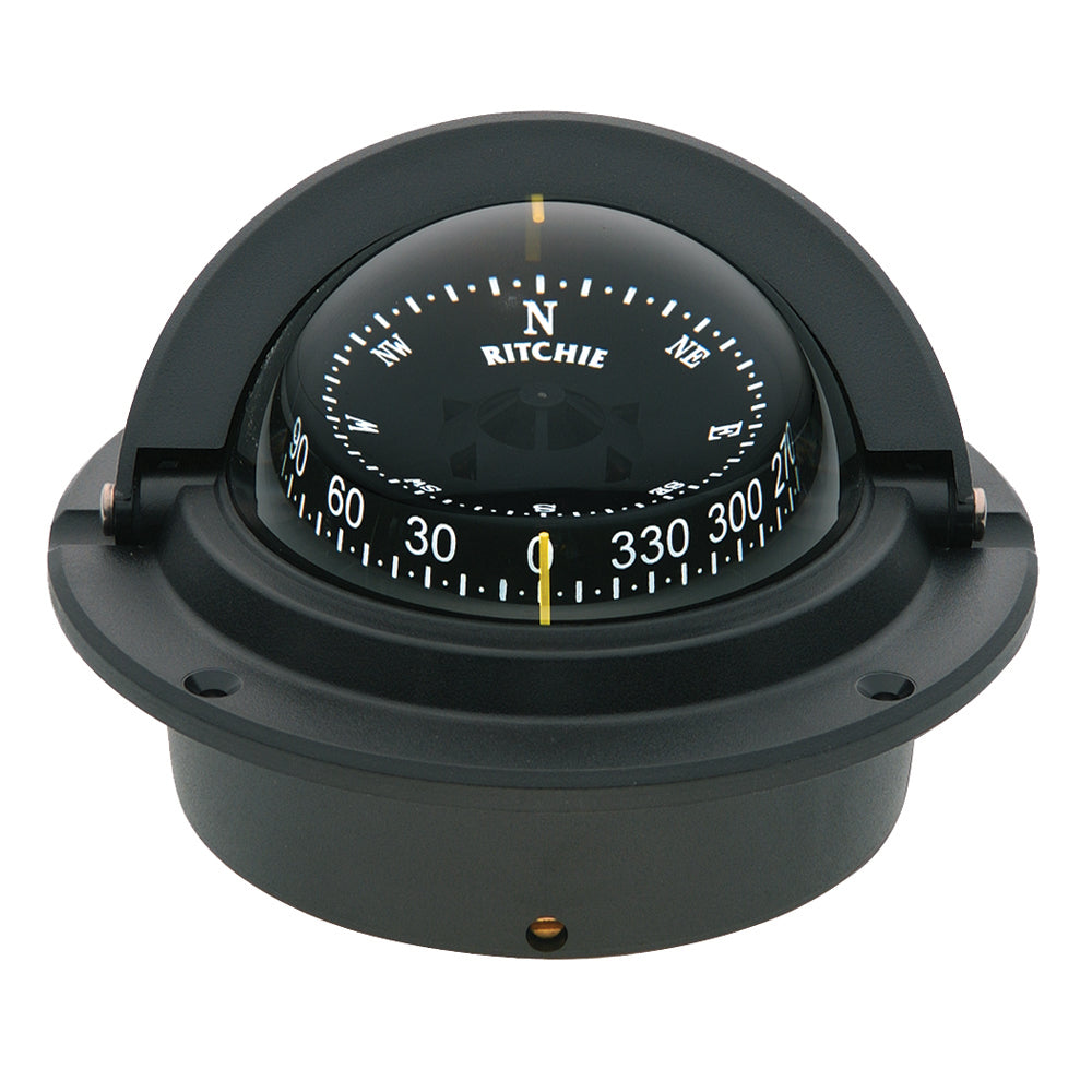 Black Ritchie F-83 Voyager flush mount compass with clear dial and sturdy mounting, designed for reliable navigation.