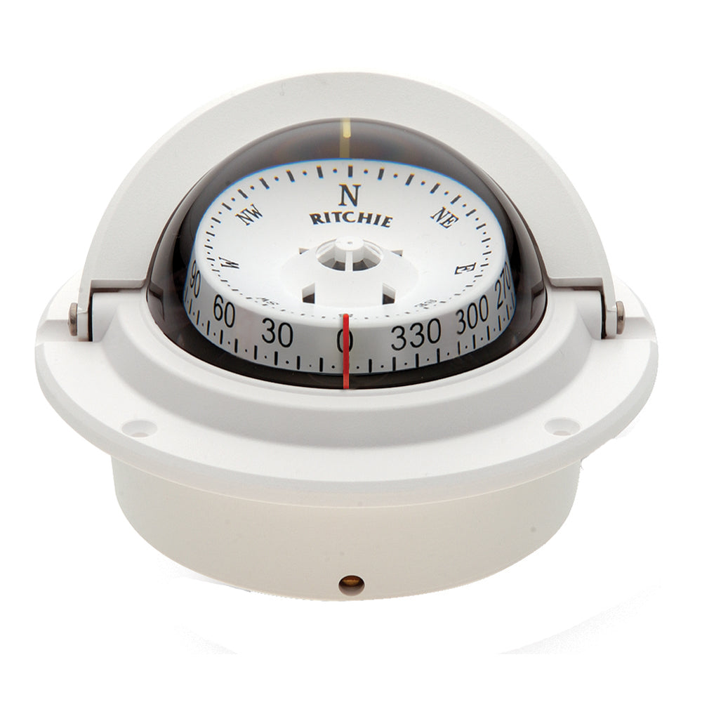 White Ritchie F-83W Voyager flush mount compass with clear dial and sturdy mounting, designed for marine navigation.