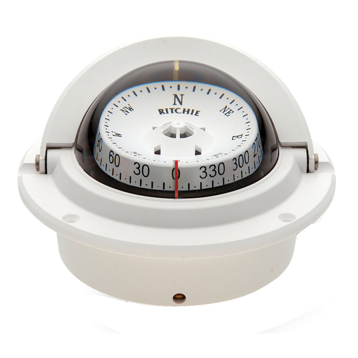 White Ritchie F-83W Voyager flush mount compass with clear dial and sturdy mounting, designed for marine navigation.