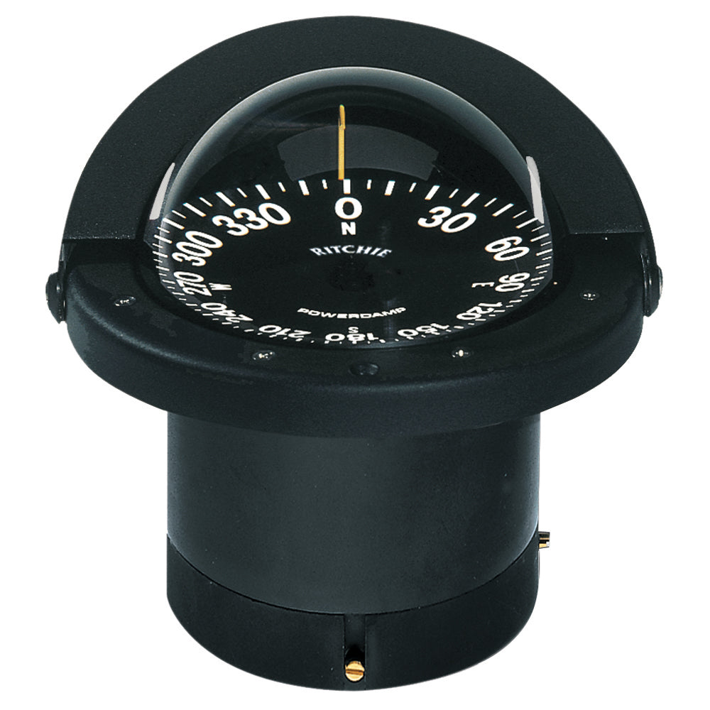 Black Ritchie FN-201 Navigator Flush Mount Compass showing cardinal directions and mounting bracket for marine navigation.