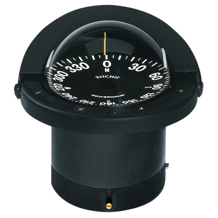 Black Ritchie FN-201 Navigator Flush Mount Compass showing cardinal directions and mounting bracket for marine navigation.