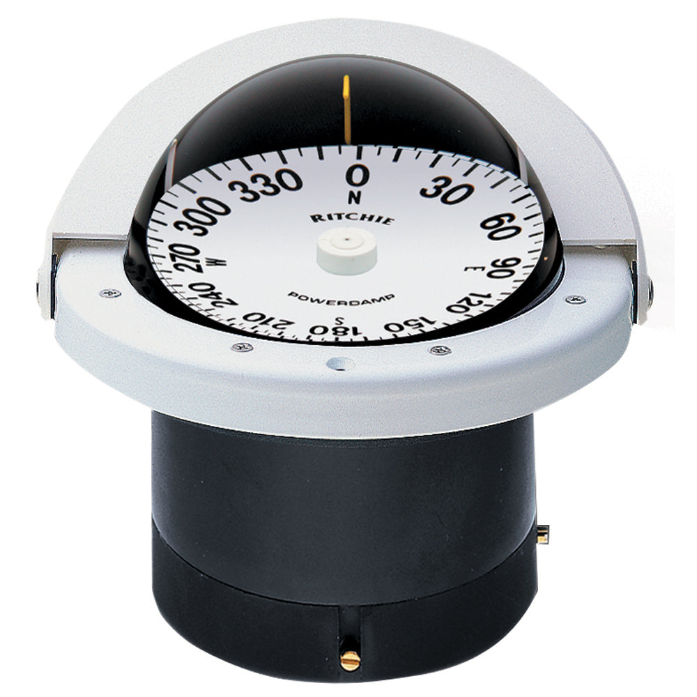 Ritchie FN-201W Navigator compass, flush mount, white, with clear directional markings and sturdy mounting base.