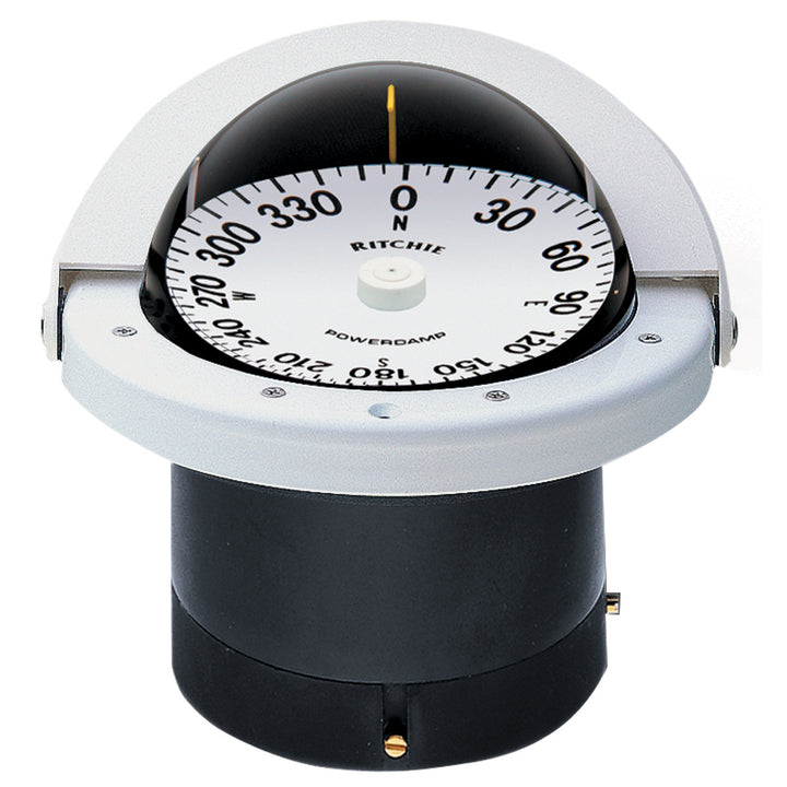 Ritchie FN-201W Navigator compass, flush mount, white, with clear directional markings and sturdy mounting base.