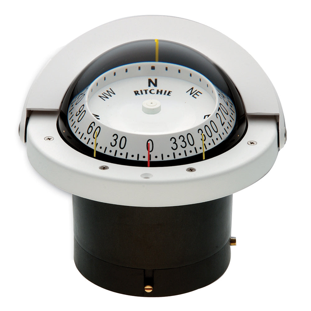 Ritchie FNW-203 Navigator compass, white flush mount, marine navigation instrument, with clear directional markings.
