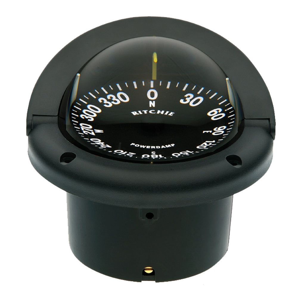 Black Ritchie HF-742 Helmsman compass with flush mount, showing the compass face and mounting hardware for marine navigation.