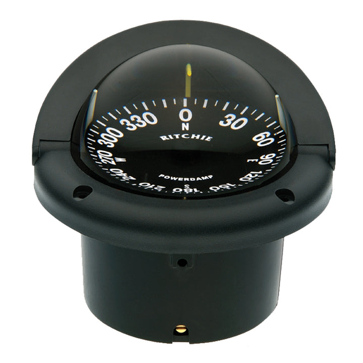 Black Ritchie HF-742 Helmsman compass with flush mount, showing the compass face and mounting hardware for marine navigation.