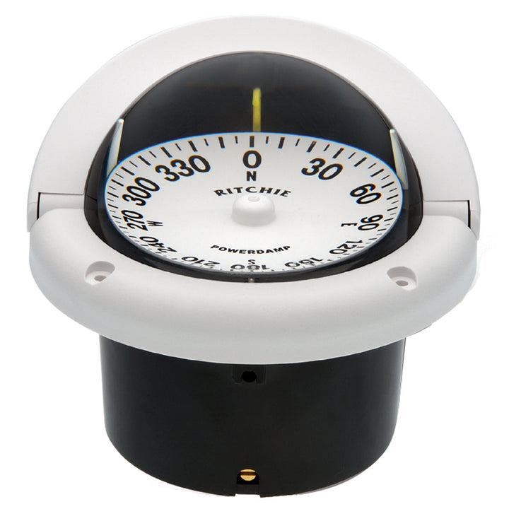 Ritchie HF-742W Helmsman compass in white, flush mount design, nautical navigation instrument with clear dial and directional indicators