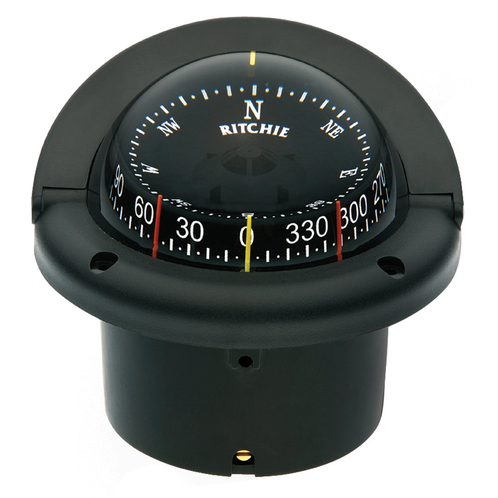 Black Ritchie HF-743 Helmsman Combidial Flush Mount Compass showing detailed dial and mounting features for marine navigation.