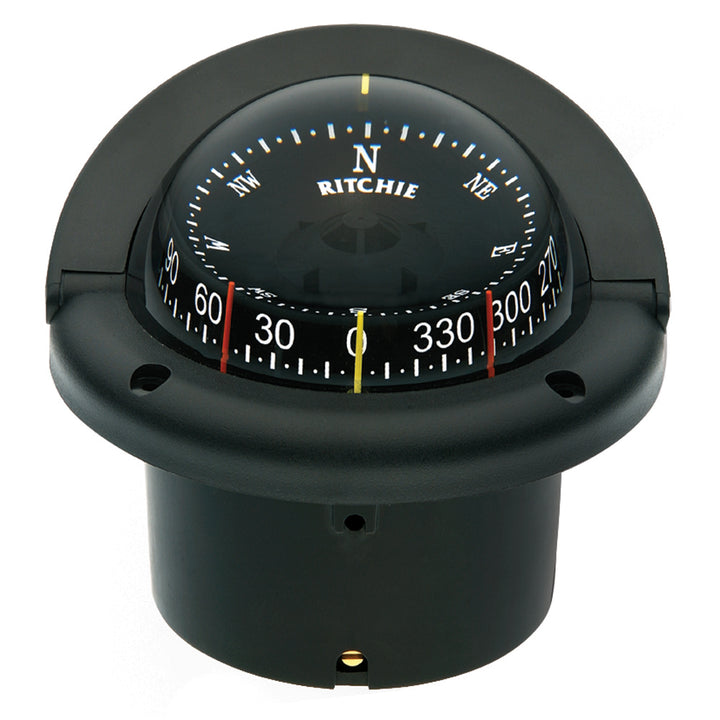 Black Ritchie HF-743 Helmsman Combidial Flush Mount Compass showing detailed dial and mounting features for marine navigation.