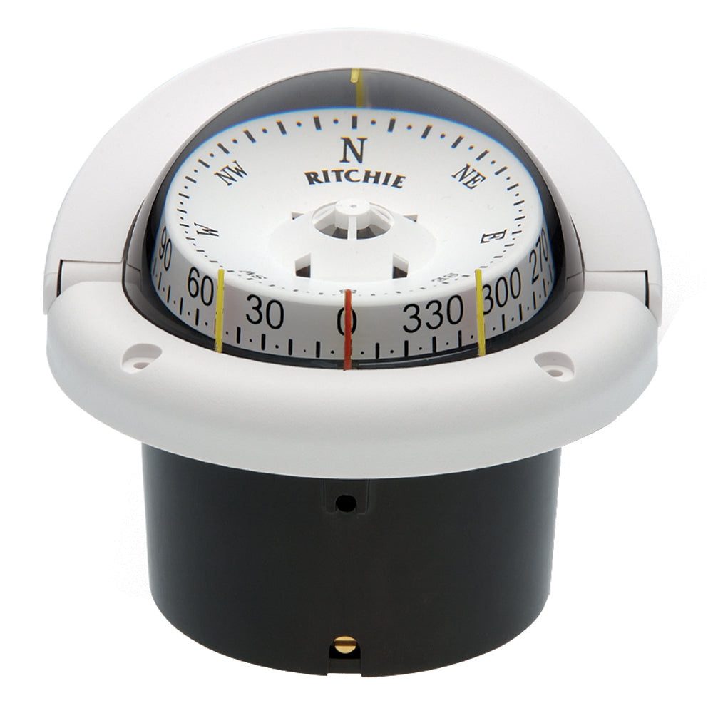Ritchie HF-743W Helmsman compass in white, flush mount style, showing dial and mounting details on a boat or marine setting.