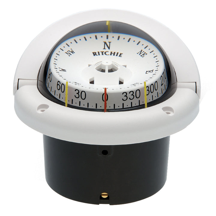 Ritchie HF-743W Helmsman compass in white, flush mount style, showing dial and mounting details on a boat or marine setting.