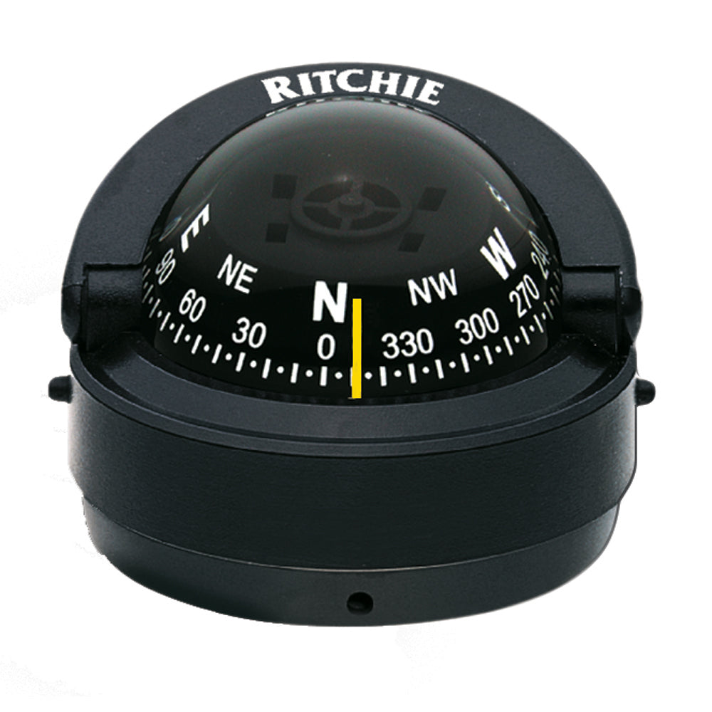 Black Ritchie S-53 Explorer surface mount compass showing directional dial and mounting hardware.