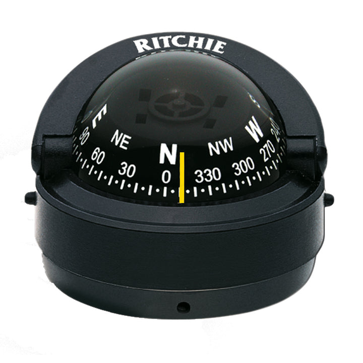 Black Ritchie S-53 Explorer surface mount compass showing directional dial and mounting hardware.