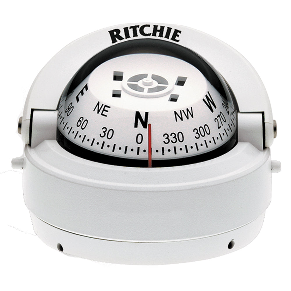Ritchie S-53W Explorer compass, surface mount design, white color, with clear directional markings and sturdy construction.