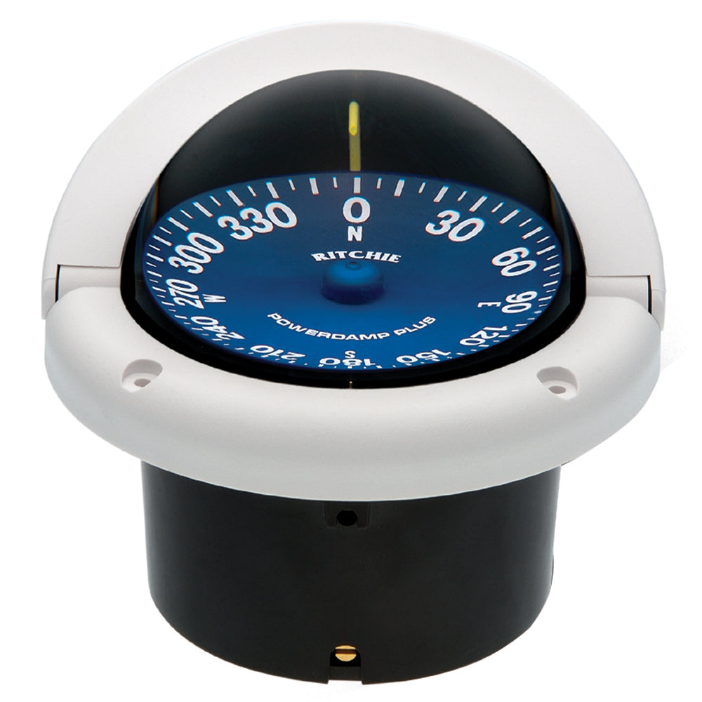 Ritchie SS-1002W SuperSport flush mount compass in white, showing a clear dial and mounting bracket for marine navigation.