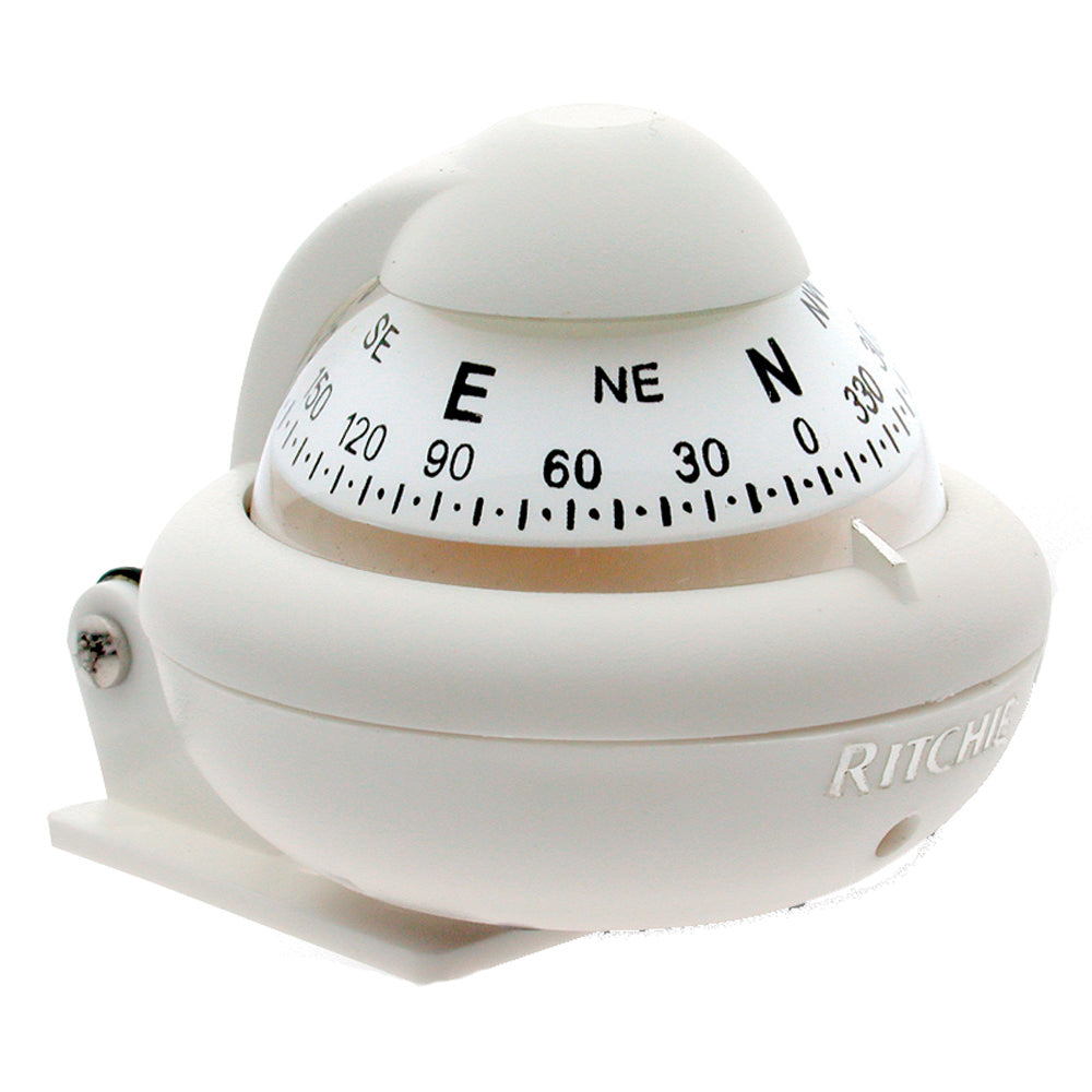 White Ritchie X-10W-M RitchieSport compass with bracket mount, showing the detailed face and mounting hardware.