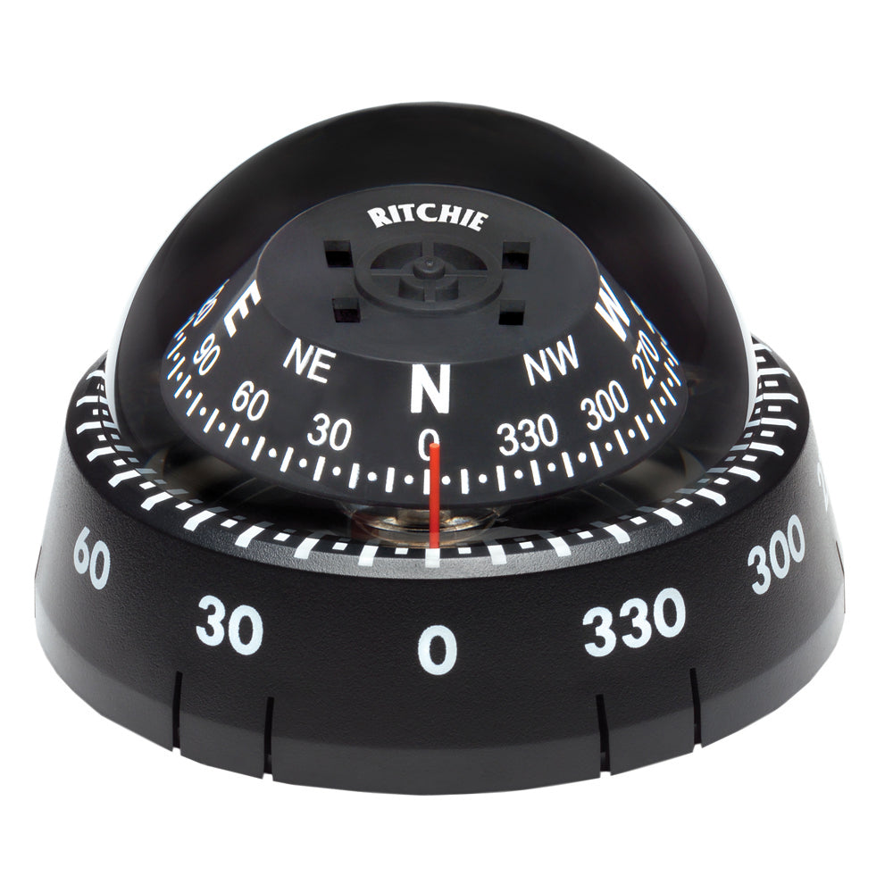 Black Ritchie XP-99 magnetic kayak compass with surface mount, showing compass face with directional markings.
