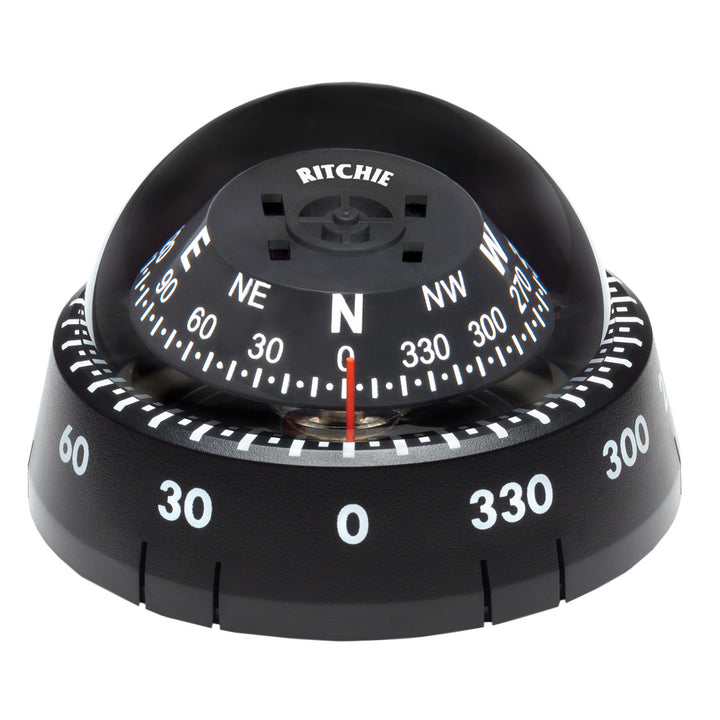 Black Ritchie XP-99 magnetic kayak compass with surface mount, showing compass face with directional markings.