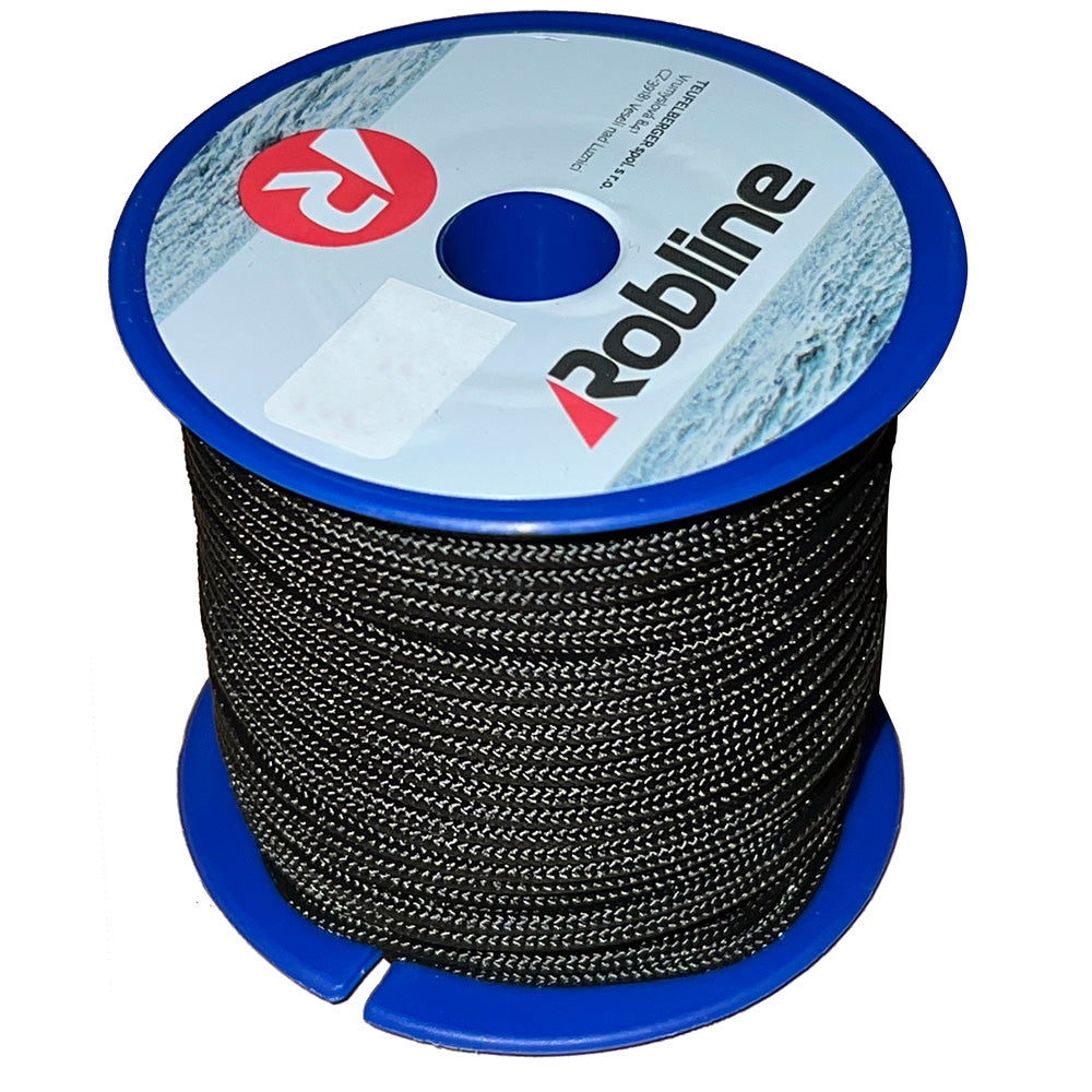 Robline Orion 500 Mini-Reel 2mm black climbing rope, 30 meters in length, shown coiled and ready for use.