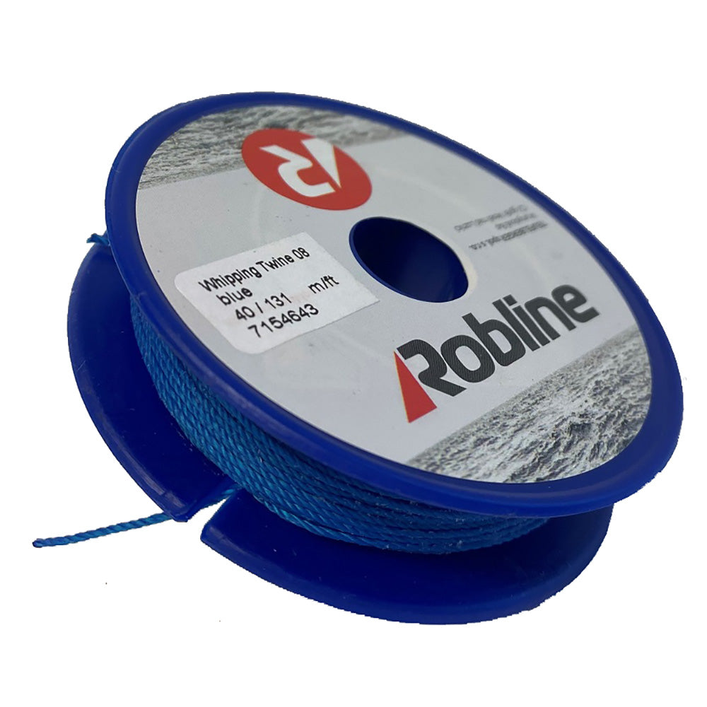 Robline waxed whipping twine in blue, 0.8mm diameter, 40 meters length, showing the tightly twisted rope with a smooth waxed finish.