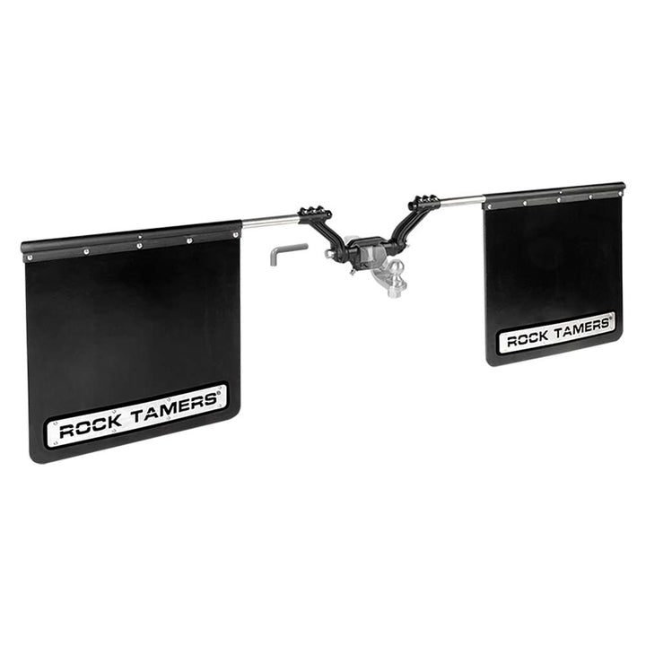 ROCK TAMERS 2-inch hub mudflap system in matte black and stainless for trucks, durable hitch accessory for mud and debris protection.