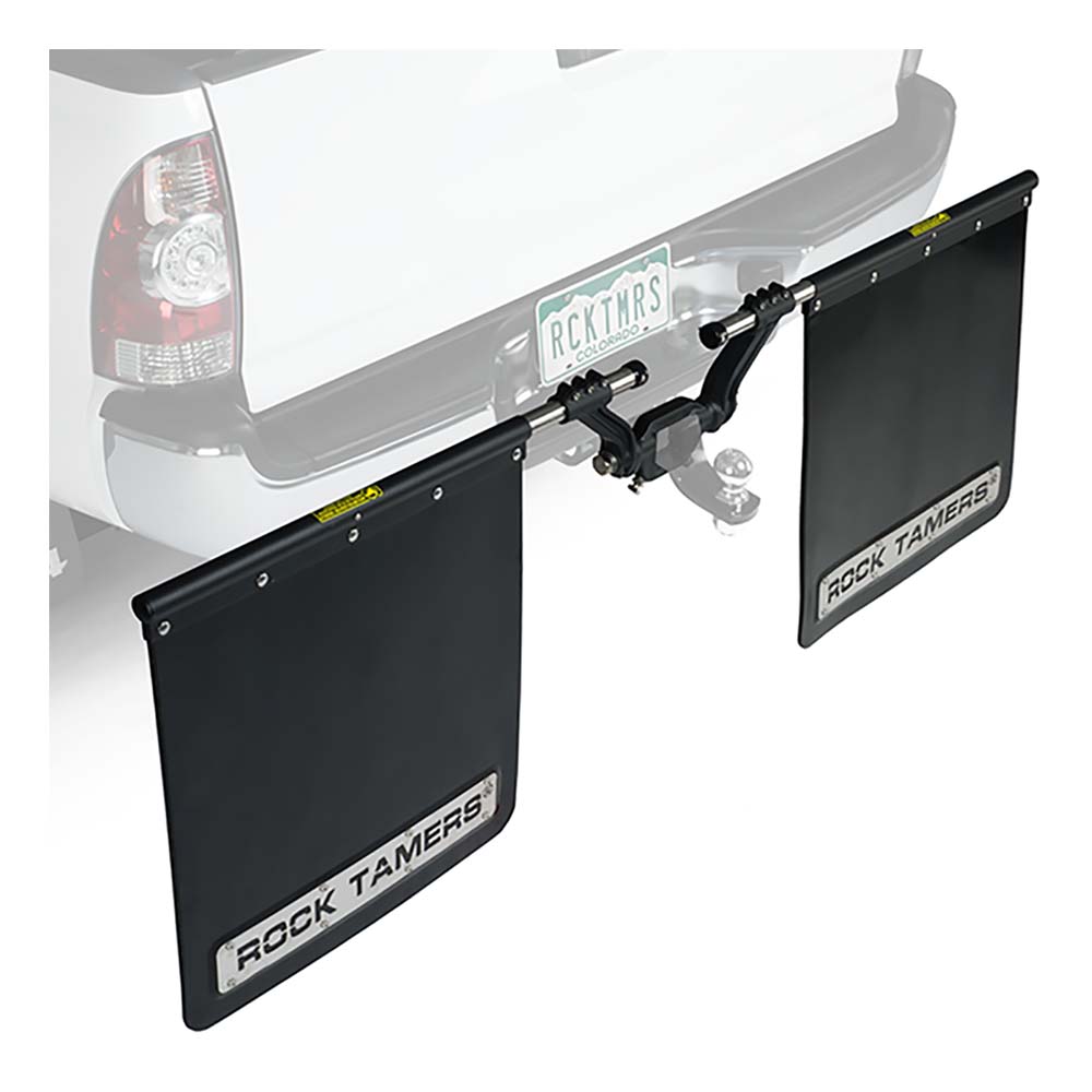 ROCK TAMERS 3-inch hub mudflap system in matte black and stainless, designed for hitches and truck accessories.