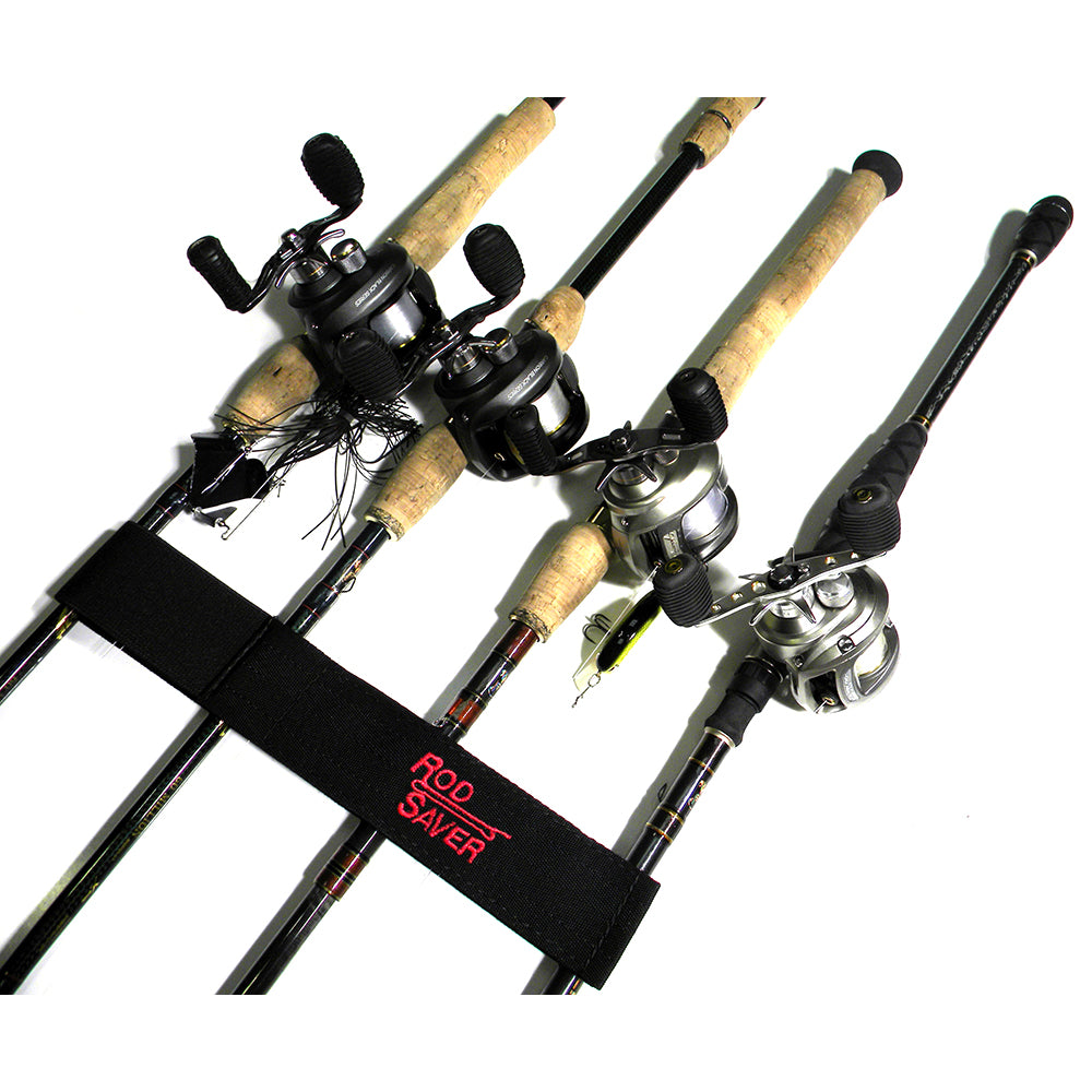 Rod Saver Pro Model Stretch 12-inch single strap for rod and reel storage, black elastic material with adjustable design.