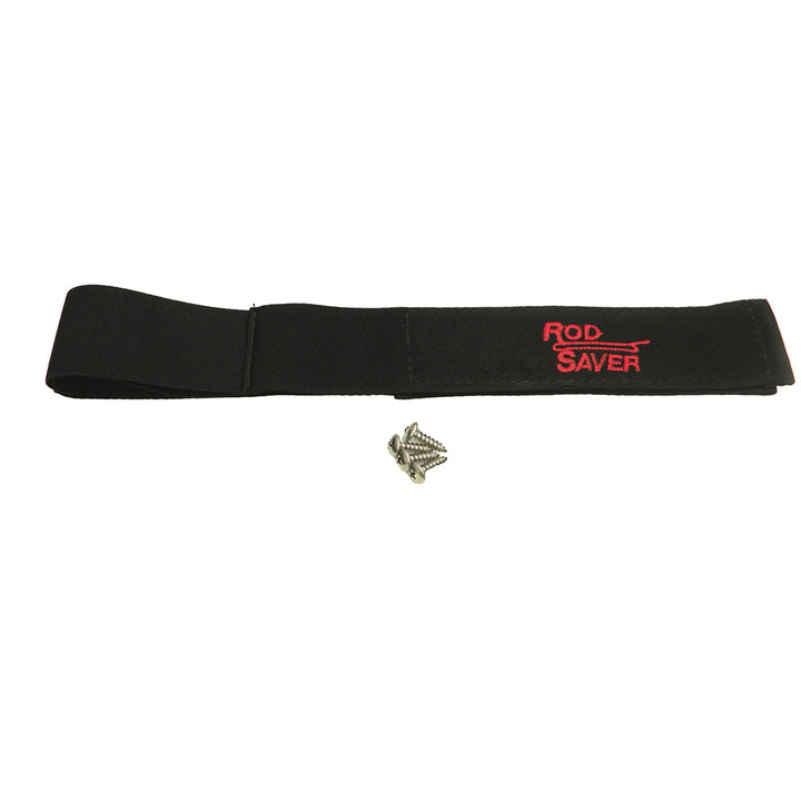 Rod Saver Pro Model Stretch 14-inch single strap for rod and reel storage, durable black nylon with adjustable design.