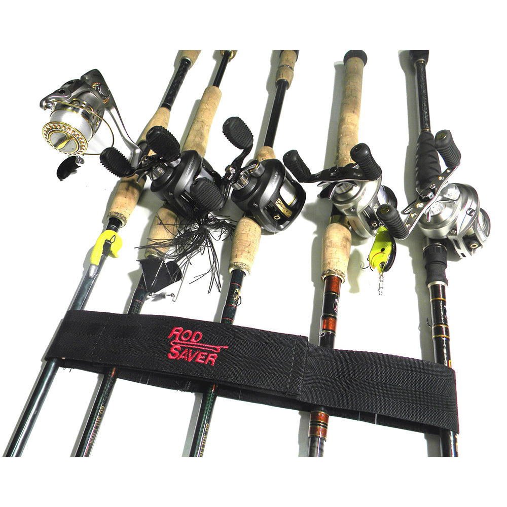 Rod Saver Pro Model Stretch 14-inch single strap for rod and reel storage, black with adjustable design.