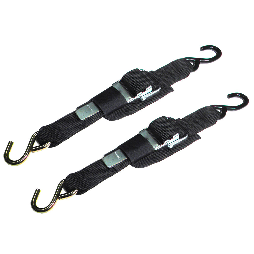 Pair of Rod Saver paddle buckle trailer tie-downs, 2-inch by 6-foot, used for securing loads on trailers.