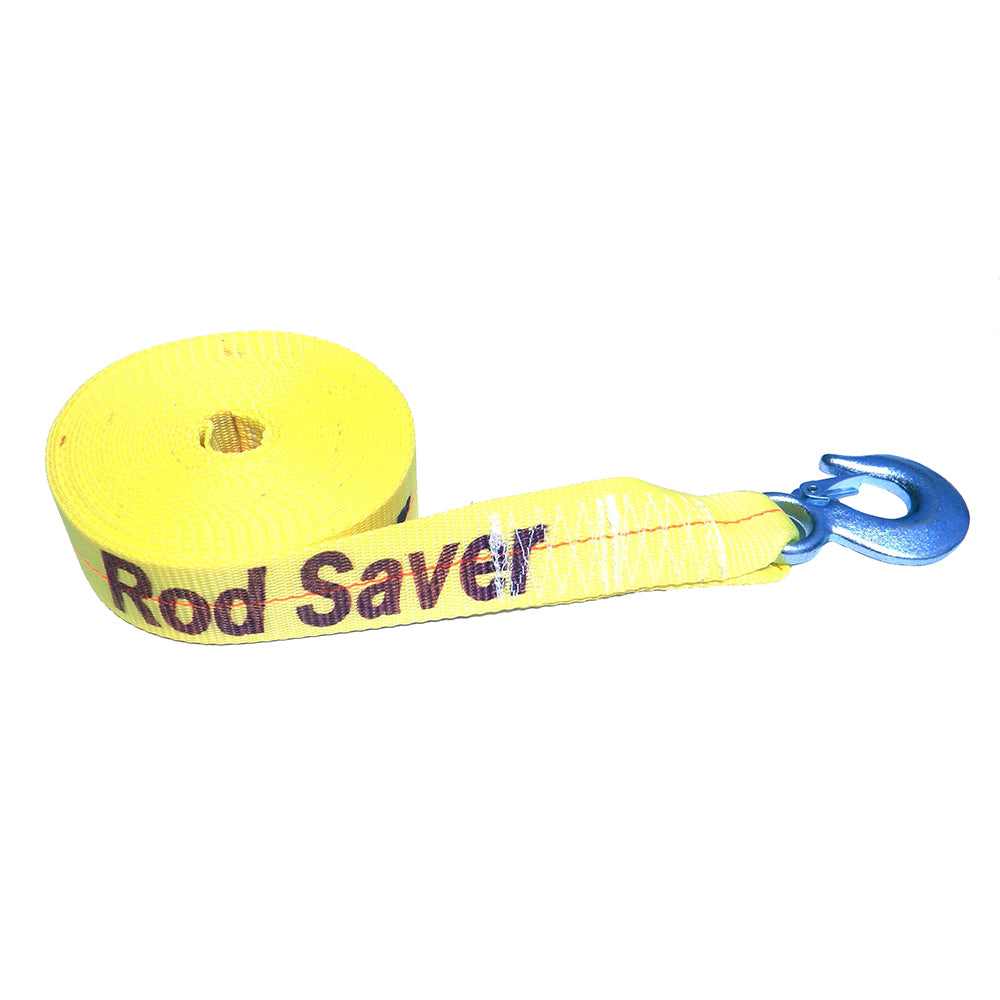 Yellow 2"x25" Rod Saver heavy-duty winch strap replacement for securing loads in winch and tie-down applications.