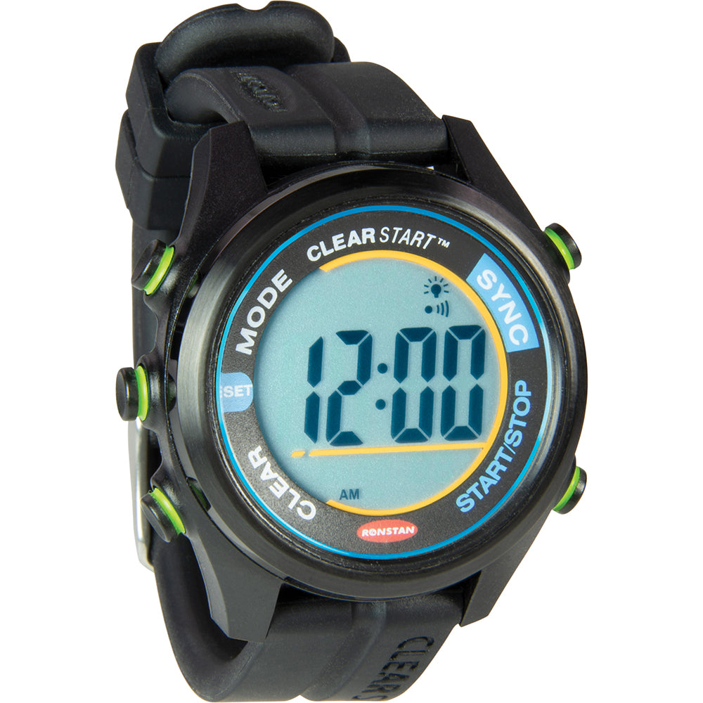 Ronstan ClearStart 40mm black sailing watch accessory with digital display, designed for marine use and durability.