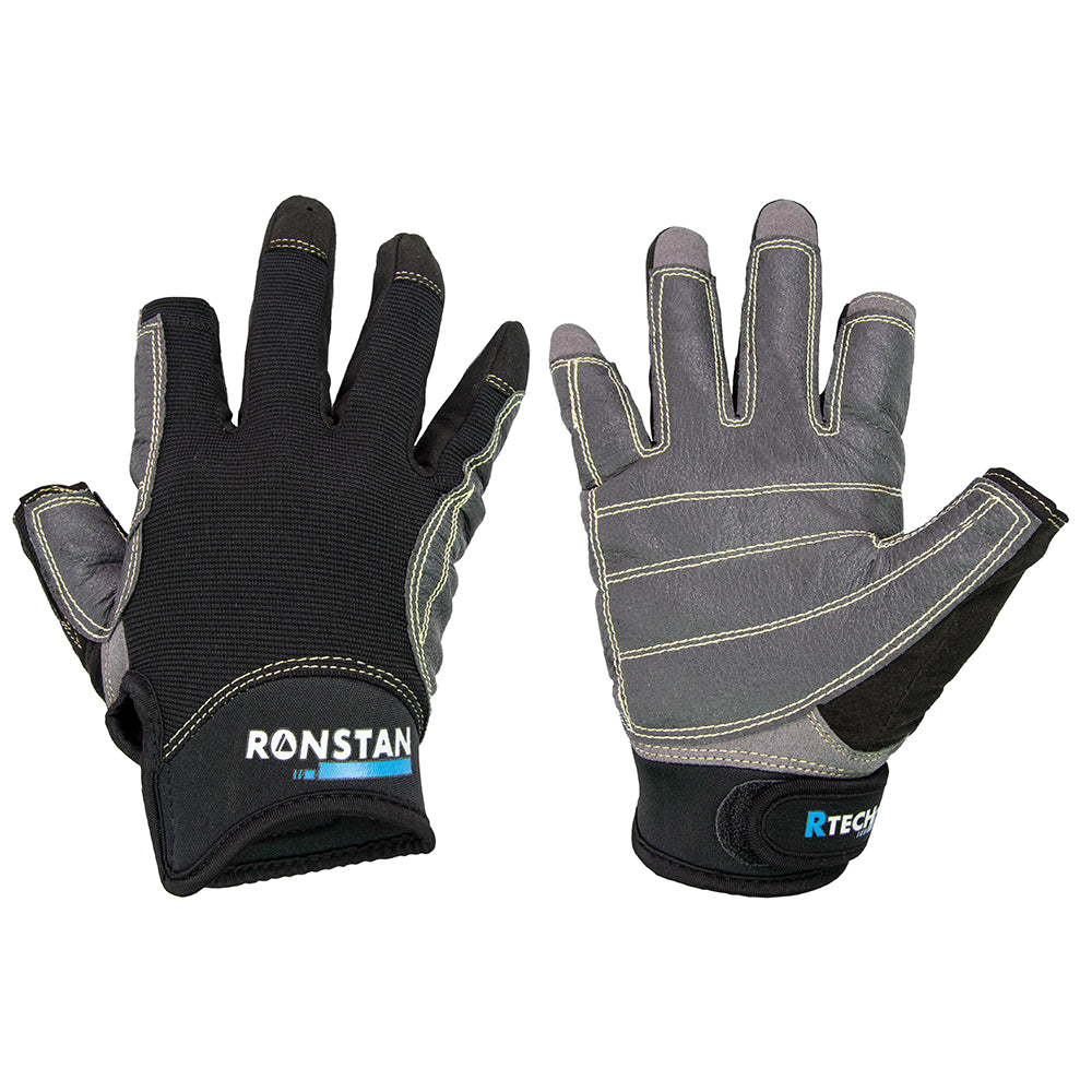 Ronstan Sticky Race Gloves, 3-Finger black sailing accessories, showing close-up of durable grip material and finger design in medium size