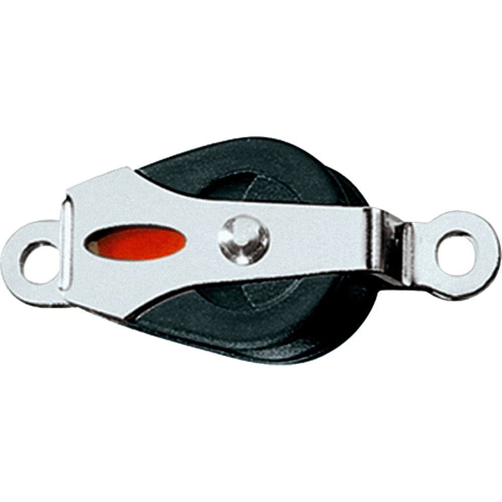 Ronstan Series 20 single ball bearing block with cheek rivet mount, used for sailing and rigging applications.