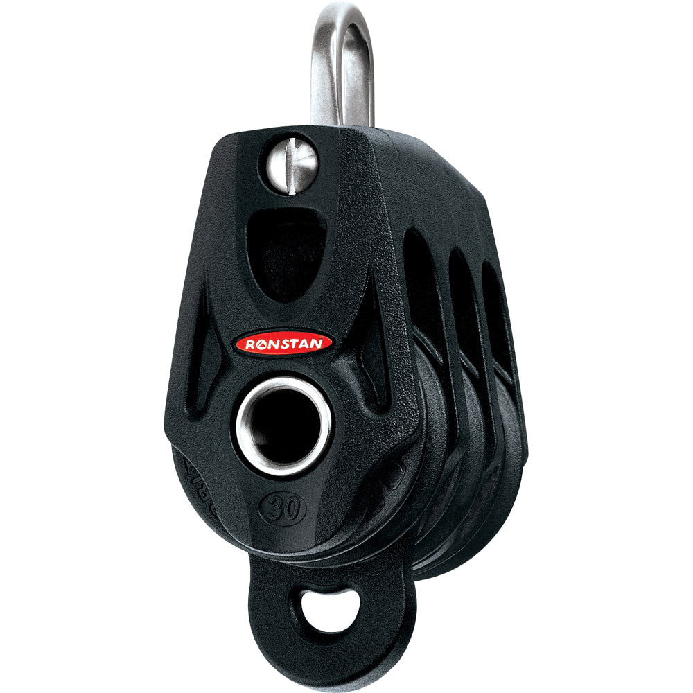 Ronstan Series 30 triple ball bearing orbit block with becket, designed for smooth sailing and durable performance.