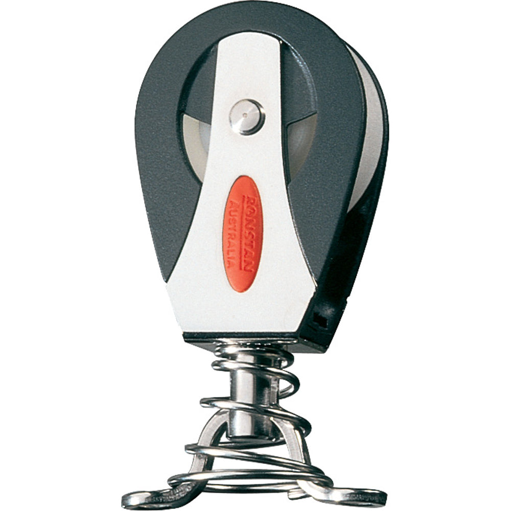 Ronstan Series 40 All Purpose Single Stand Up Block showing pulley and mounting hardware on a marine background