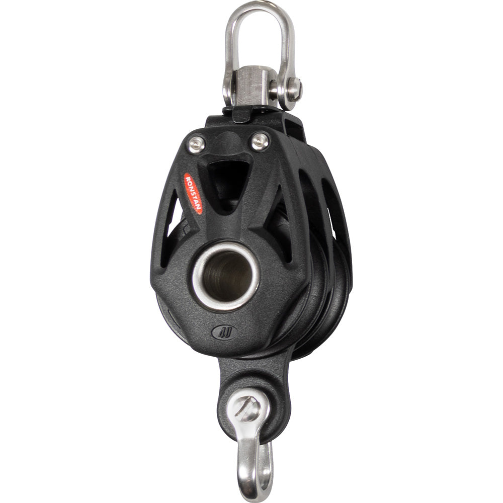 Ronstan Series 40 Orbit BB double block with becket and swivel shackle for sailing and rigging applications.