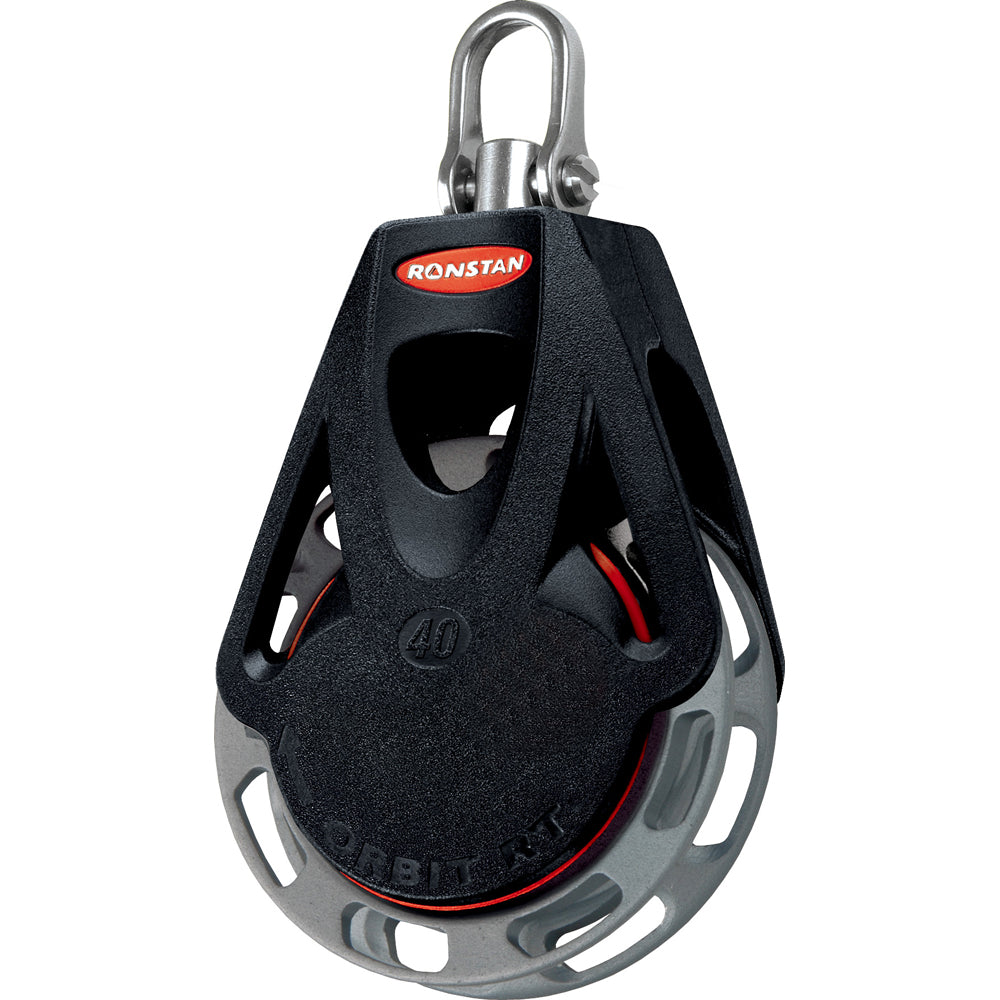 Ronstan Series 40 Ratchet Orbit Block, single auto swivel shackle head, used for sailing and marine rigging.