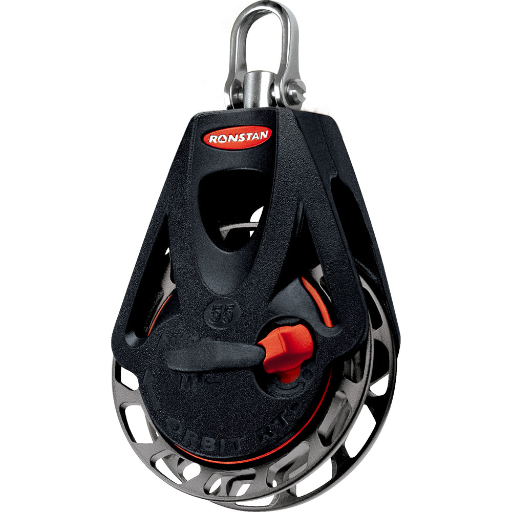 Ronstan Series 55 Ratchet Orbit Block with single swivel head, suitable for auto and manual sailing applications.