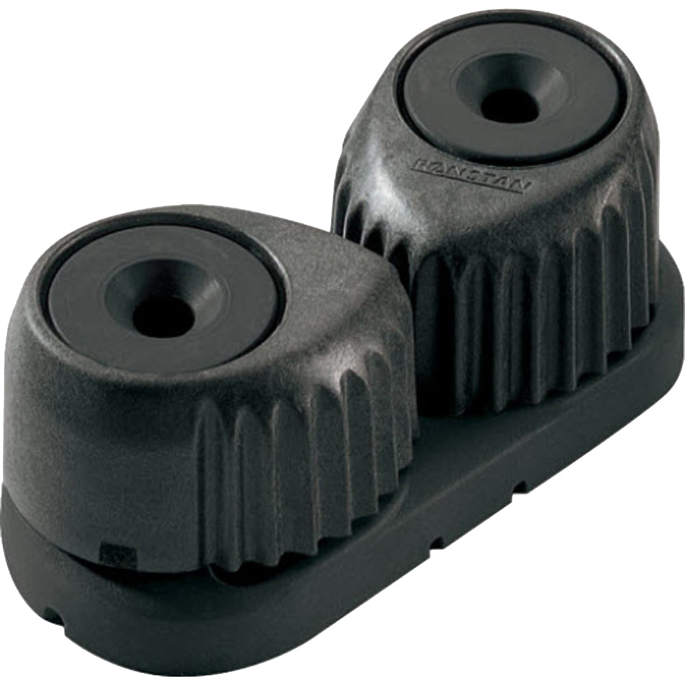 Ronstan medium black cam cleat with black base, marine hardware for securing ropes and lines on boats.