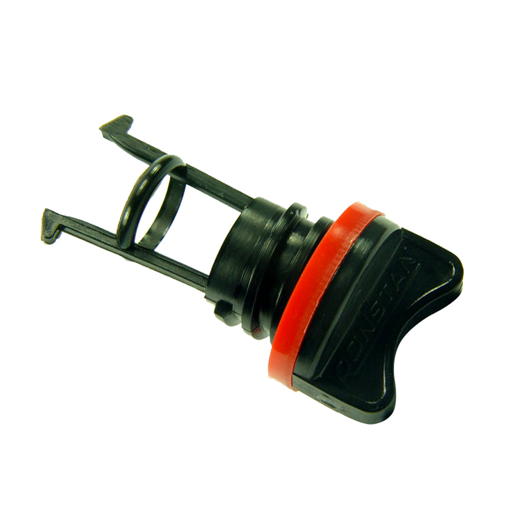 Ronstan nylon plastic drain plug for hardware applications, showing the black cylindrical plug with a textured grip surface.