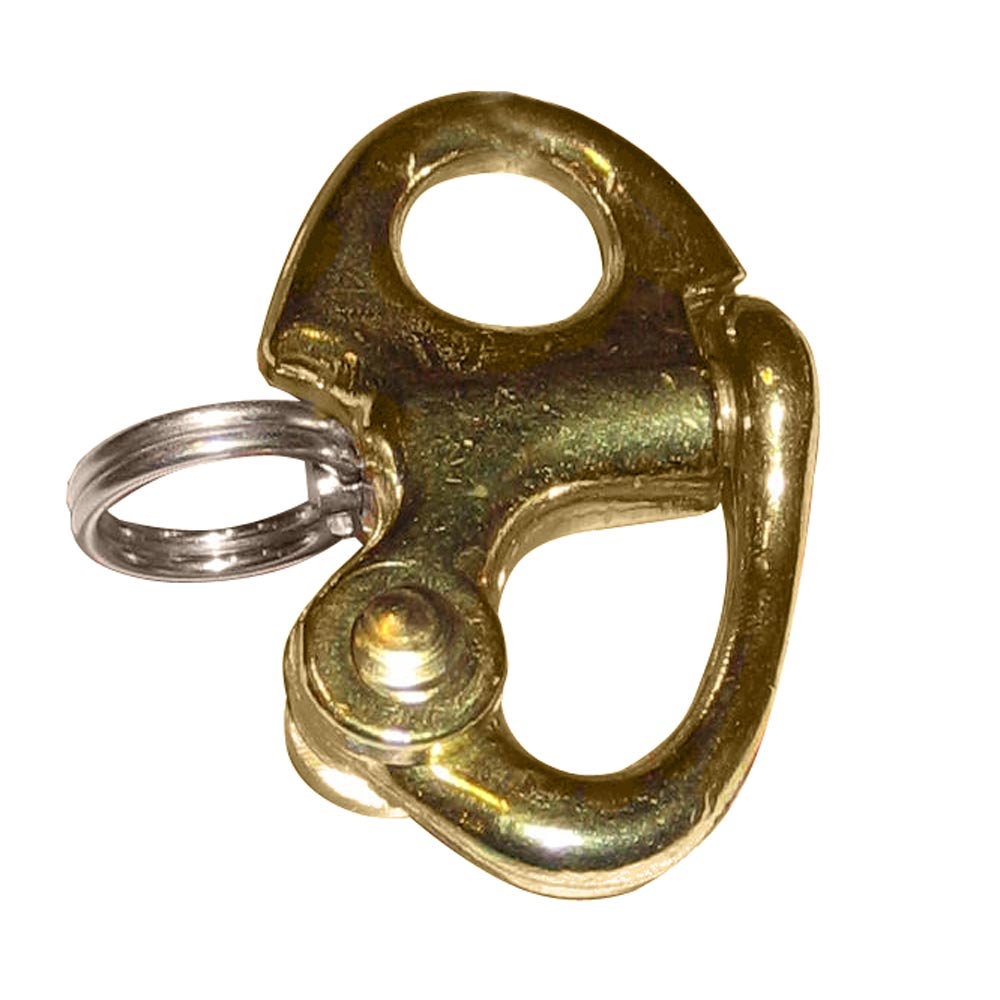 Ronstan Brass Snap Shackle with fixed bail, 41.5mm length, featuring durable brass construction and secure fastening for sailing gear
