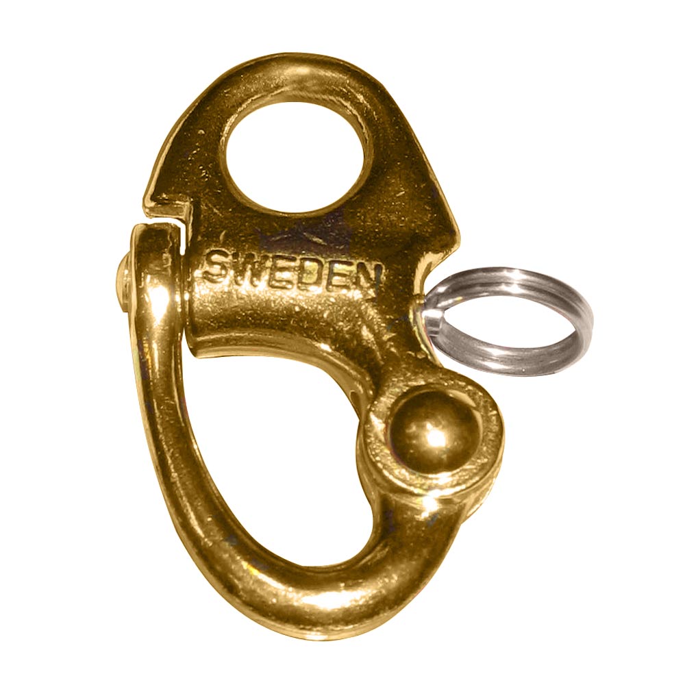 Ronstan brass snap shackle with fixed bail, 59.3mm length, showing the sturdy metal construction and secure clasp.