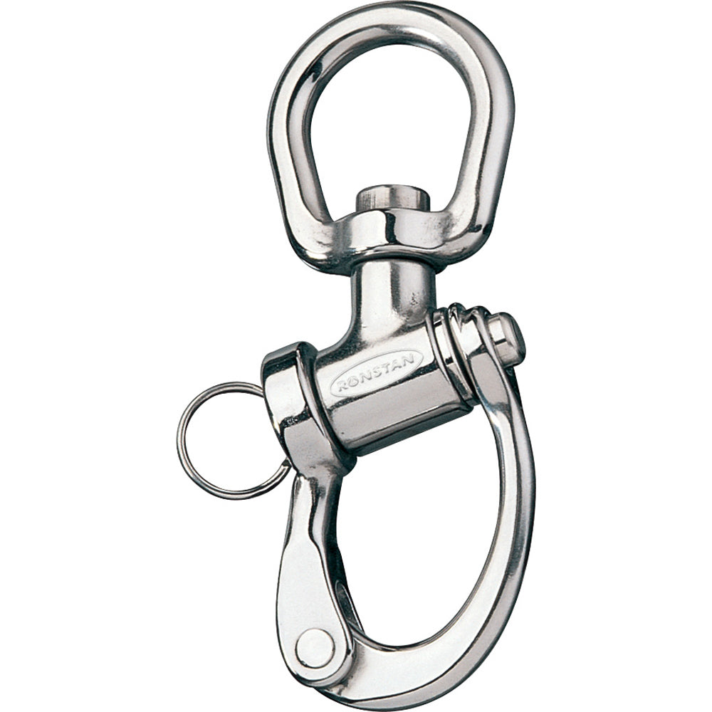 Ronstan Trunnion Snap Shackle with large swivel bail, 122mm length, used for marine rigging and sailing applications.