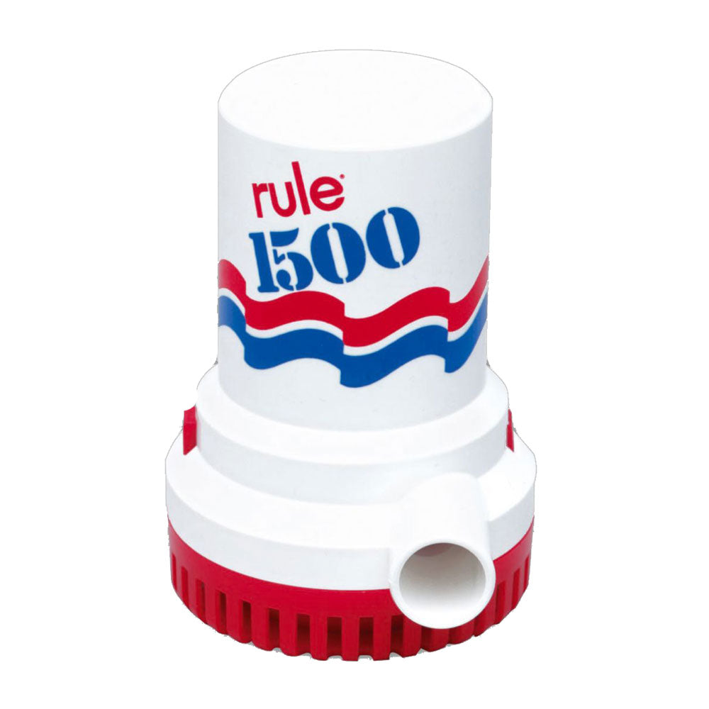Rule 1500 GPH Non-Automatic 24V Bilge Pump for boats, showing the compact marine bilge pump with inlet and outlet ports.