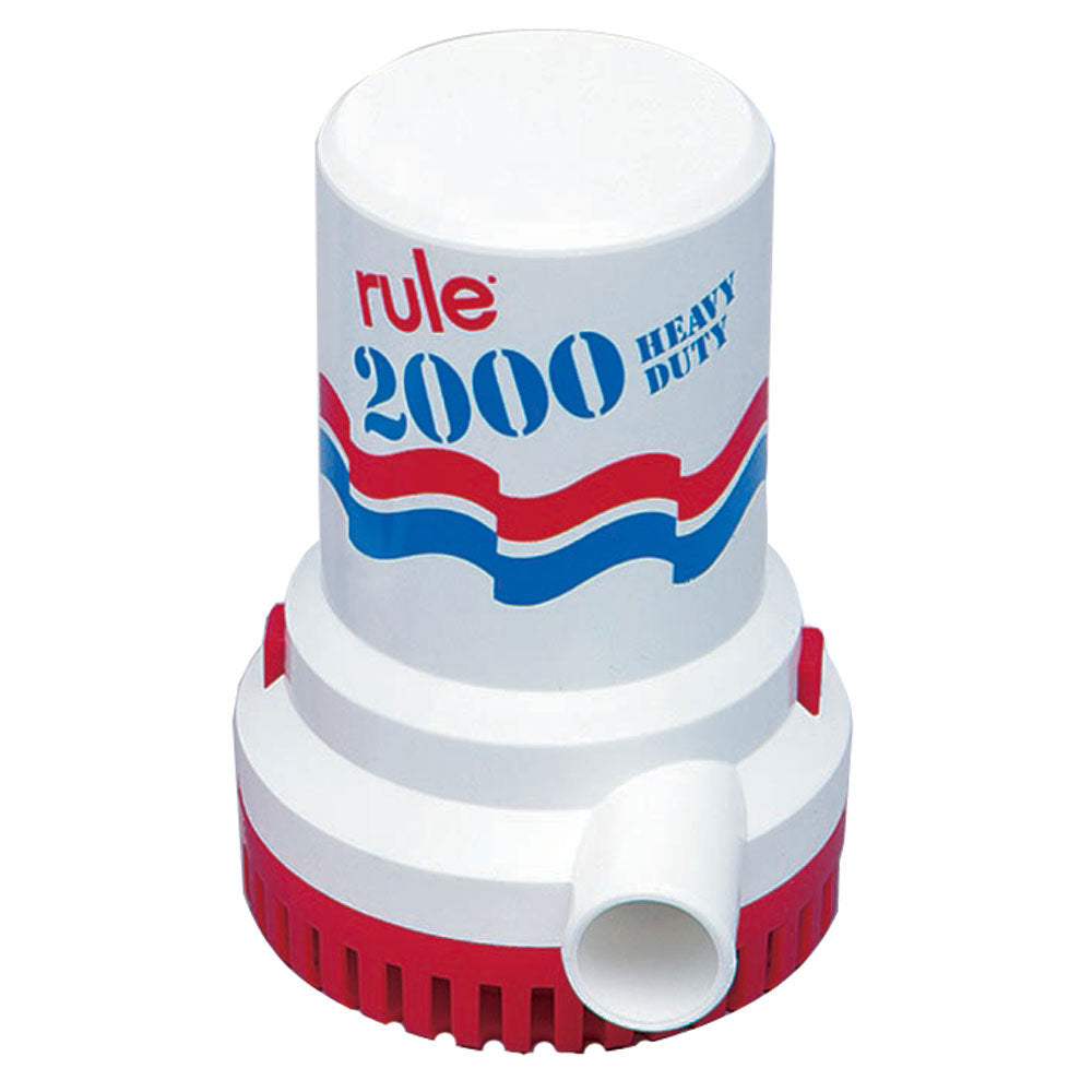 Rule 2000 GPH non-automatic bilge pump with 6-foot leads, designed for marine bilge pumping applications.